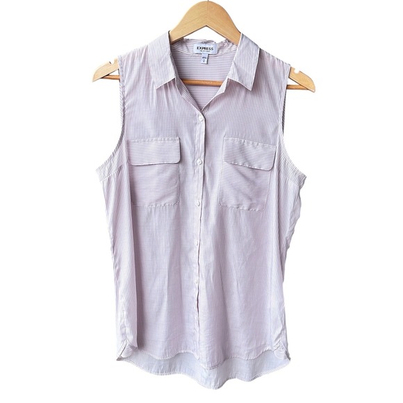 Express Tops - Express Sleeveless Button Up Shirt Pink White Stripe The City Shirt Size Medium